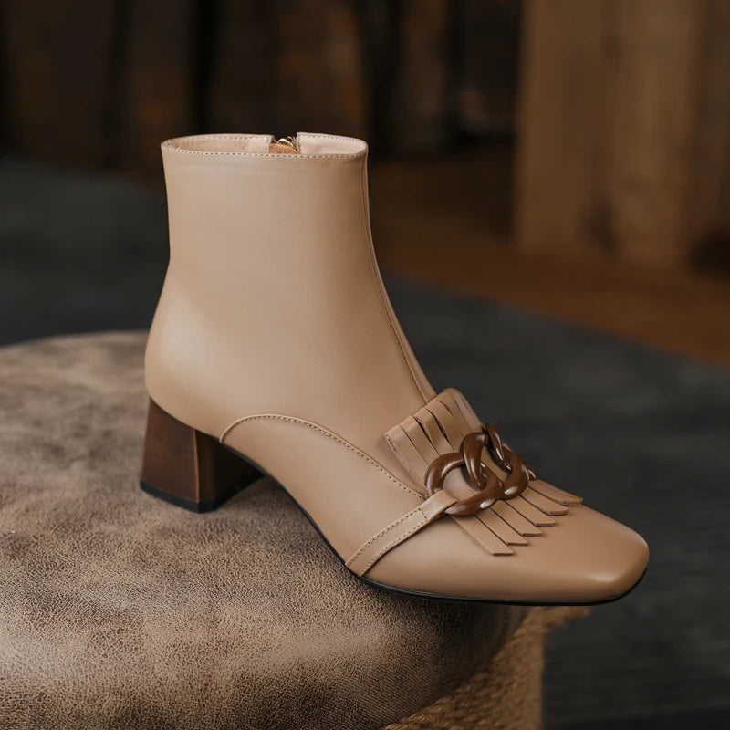 Winter Ankle Boots Square Toe Genuine Leather, Fringe topped with 3 Circles in Black or Tan. Side Zipper