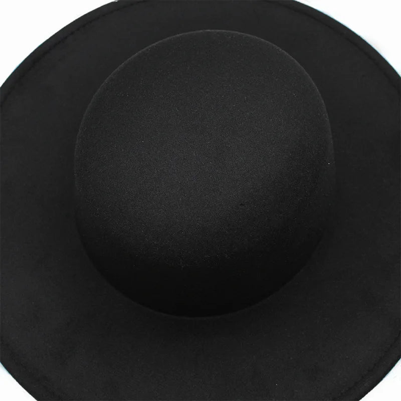 French Wide Brim Women's Fedora Wool Hat  Flat Top Felt in Marigold, White, and Black.