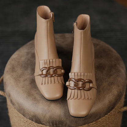 Winter Ankle Boots Square Toe Genuine Leather, Fringe topped with 3 Circles in Black or Tan. Side Zipper