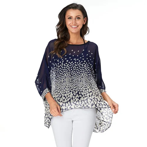 50 patterns to choose from, Plus Size, Boho Batwing Casual Sheer Chiffon Summer Top