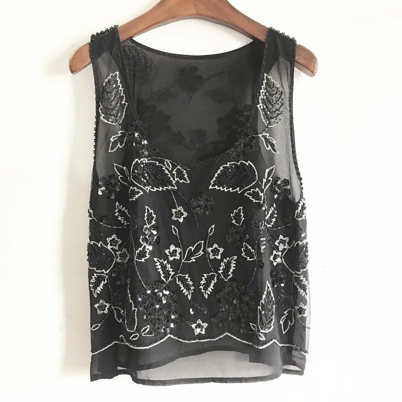 Floral Beaded Loose Sleeveless Tank Top U-Neck Flowers Embroidered Sequined Chiffon Gauze Tank Tops