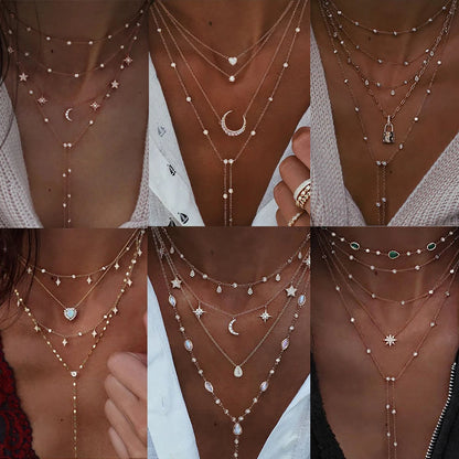 Vintage Crystal  Star Moon Layered Necklace Boho Multi-level Necklaces