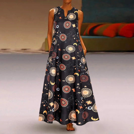 Sizes to 5XL, Vintage Bohemian Sundress, Sleeveless, Floral Print Maxi Long Casual Dresses, 6 designs