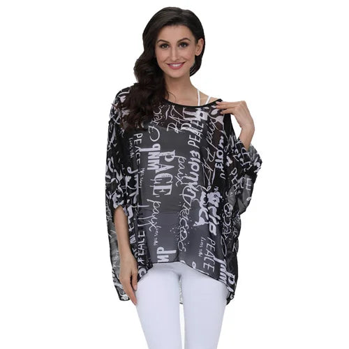 50 patterns to choose from, Plus Size, Boho Batwing Casual Sheer Chiffon Summer Top