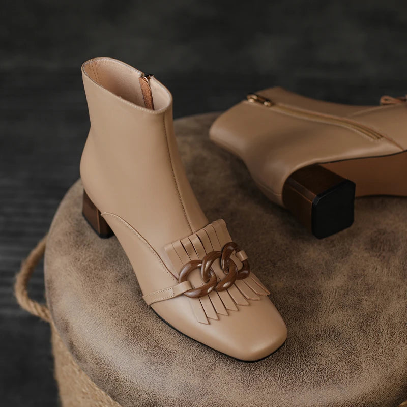 Winter Ankle Boots Square Toe Genuine Leather, Fringe topped with 3 Circles in Black or Tan. Side Zipper