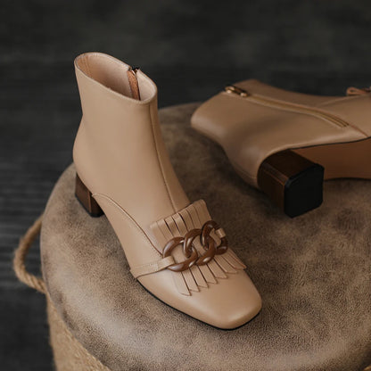 Winter Ankle Boots Square Toe Genuine Leather, Fringe topped with 3 Circles in Black or Tan. Side Zipper