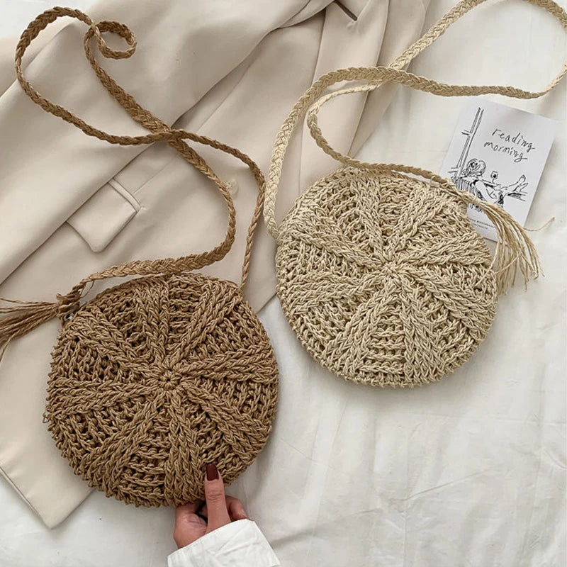 Boho Crossbody Bags, Round Shoulder Purse, Faux Leather Strap. In 7 Colors, Designs, and Sizes