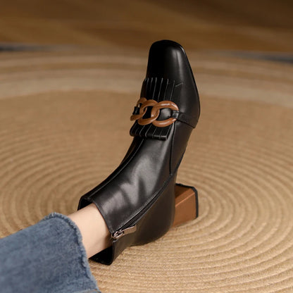 Winter Ankle Boots Square Toe Genuine Leather, Fringe topped with 3 Circles in Black or Tan. Side Zipper