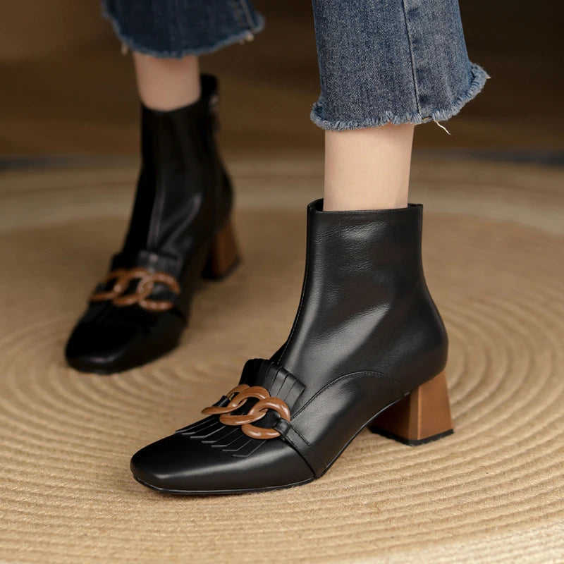 Winter Ankle Boots Square Toe Genuine Leather, Fringe topped with 3 Circles in Black or Tan. Side Zipper