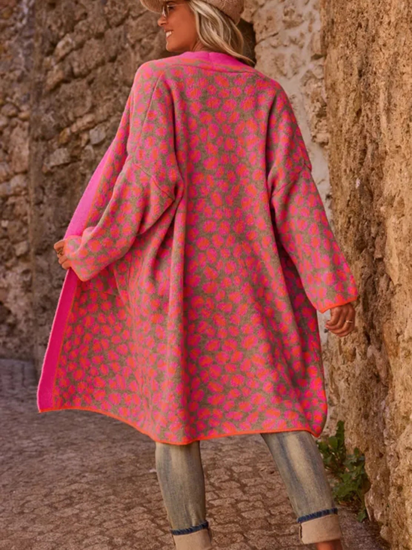 Long Knitted Print Cardigan with Long Sleeves and Pockets