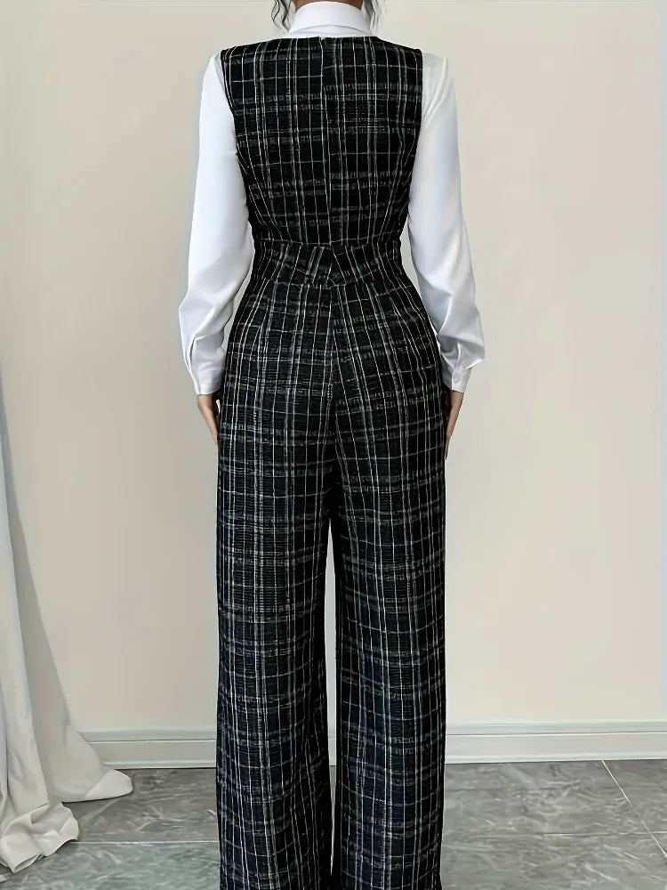 High Waisted Wide Leg Plaid Tweed Jumpsuit Double Breasted attached Vest with Pearl Buttons