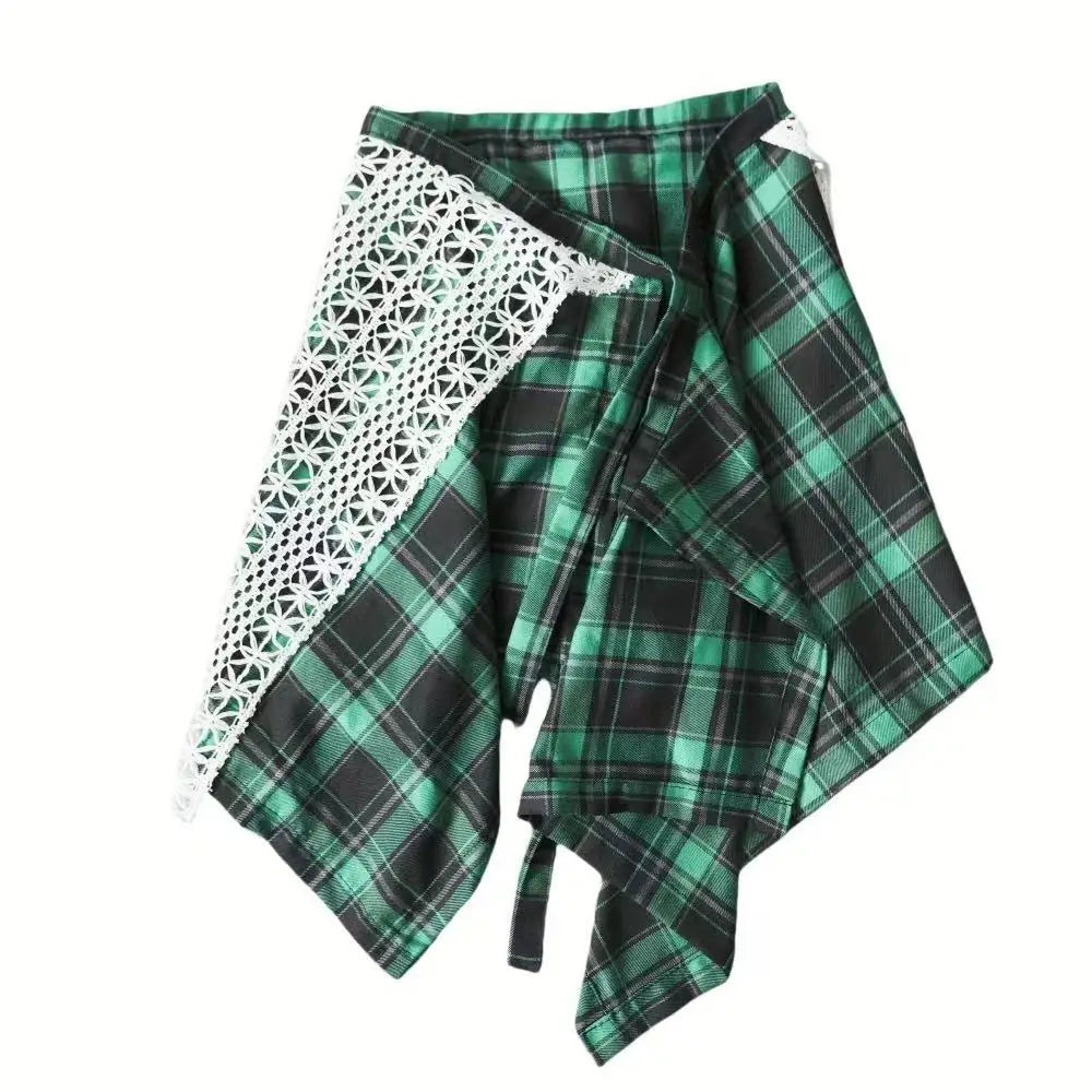 Sporty Street Style with Ruffle and Bow Tie Asymmetrical Hankie Hemline Elastic Waist, Plaid Patterned Skirt--Sizes 58 Centimeter Waist