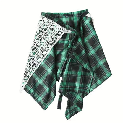 Sporty Street Style with Ruffle and Bow Tie Asymmetrical Hankie Hemline Elastic Waist, Plaid Patterned Skirt--Sizes 58 Centimeter Waist
