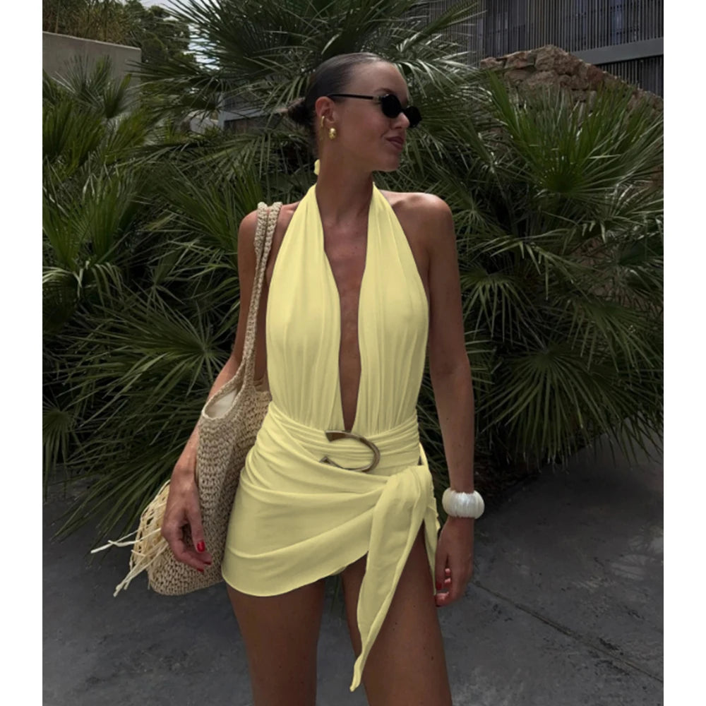 Two-Piece Swimsuit with Plunging Neckline Halter Top Swimwear with SSwiikirt cover-up