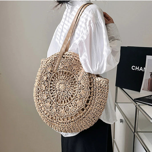 Round Straw Shoulder Bag Large Capacity Hollowed Out Weave