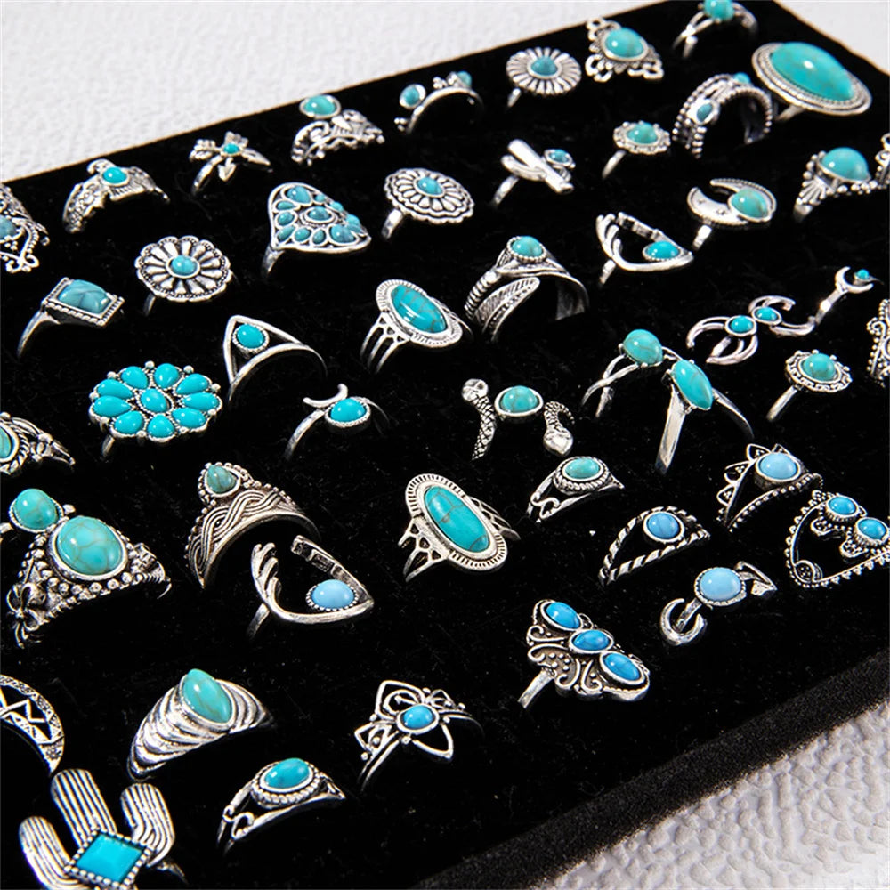 Tray of 20Pcs Vintage Bohemian Turquoise Stone Rings For Women Men Mix
