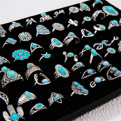 Tray of 20Pcs Vintage Bohemian Turquoise Stone Rings For Women Men Mix