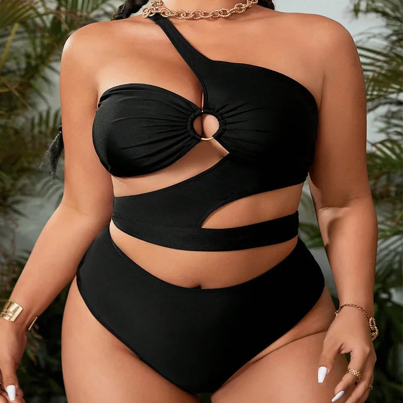 Sizes to 4XL One Shoulder Cut Out Black Swimsuit Curvy Female Bikini Sets
