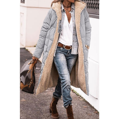Reversible Sherpa Fleece, Long, Hooded Puffer Coats. Check colors: Brown, Green, Black, Burgundy, Light Gray