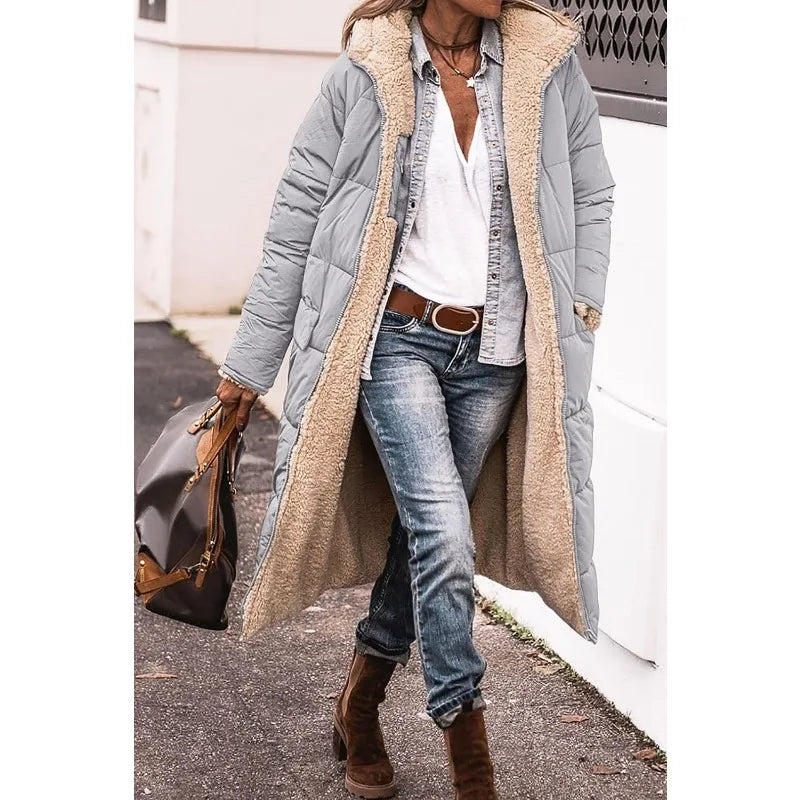 Reversible Sherpa Fleece, Long, Hooded Puffer Coats. Check colors: Brown, Green, Black, Burgundy, Light Gray