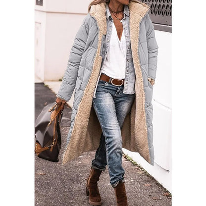 Reversible Sherpa Fleece, Long, Hooded Puffer Coats. Check colors: Brown, Green, Black, Burgundy, Light Gray