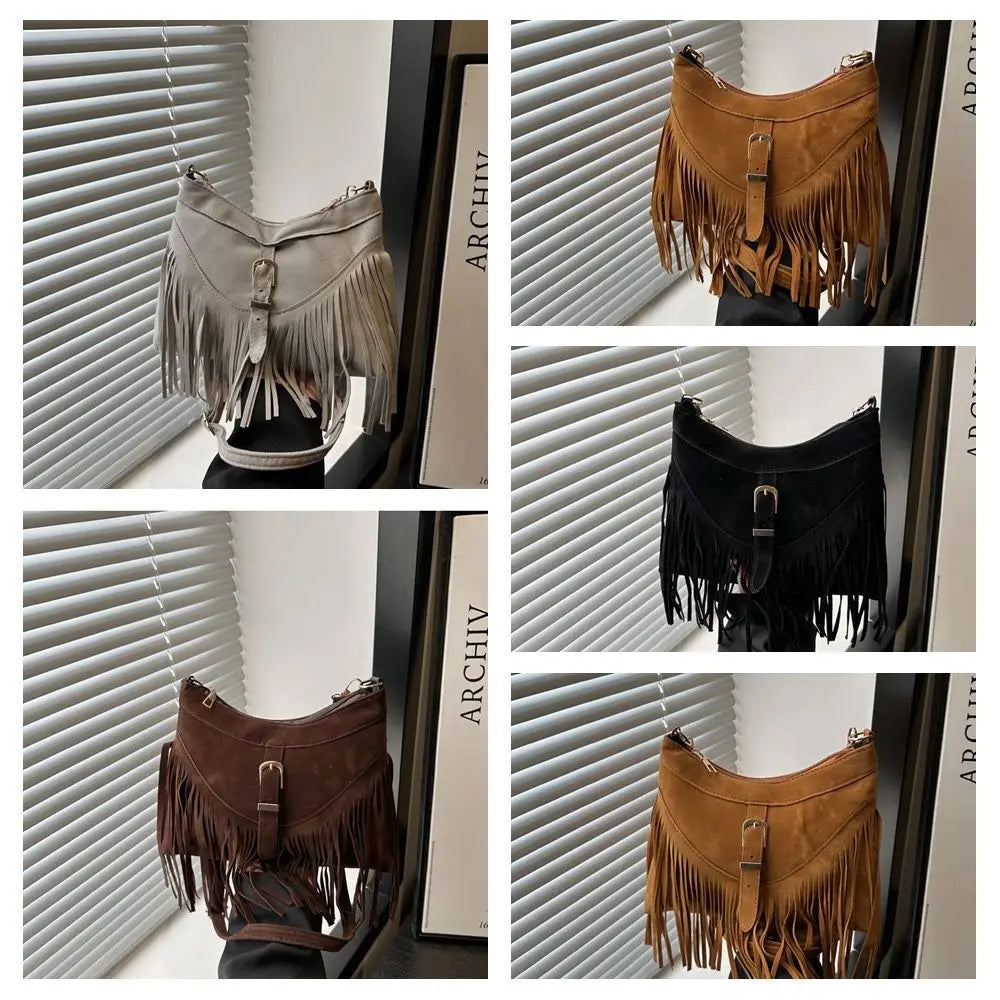 Bohemian Suede Leather Under-Arm Zipper, Tassels, Shoulder Bag, Solid Color PU Leather, Black, Grey, Coffee, and Light Brown