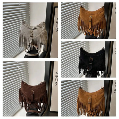 Bohemian Suede Leather Under-Arm Zipper, Tassels, Shoulder Bag, Solid Color PU Leather, Black, Grey, Coffee, and Light Brown