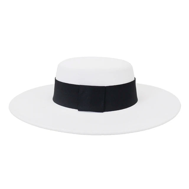 French Wide Brim Women's Fedora Wool Hat  Flat Top Felt in Marigold, White, and Black.