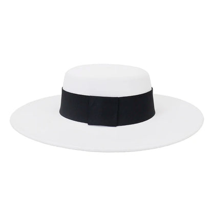 French Wide Brim Women's Fedora Wool Hat  Flat Top Felt in Marigold, White, and Black.