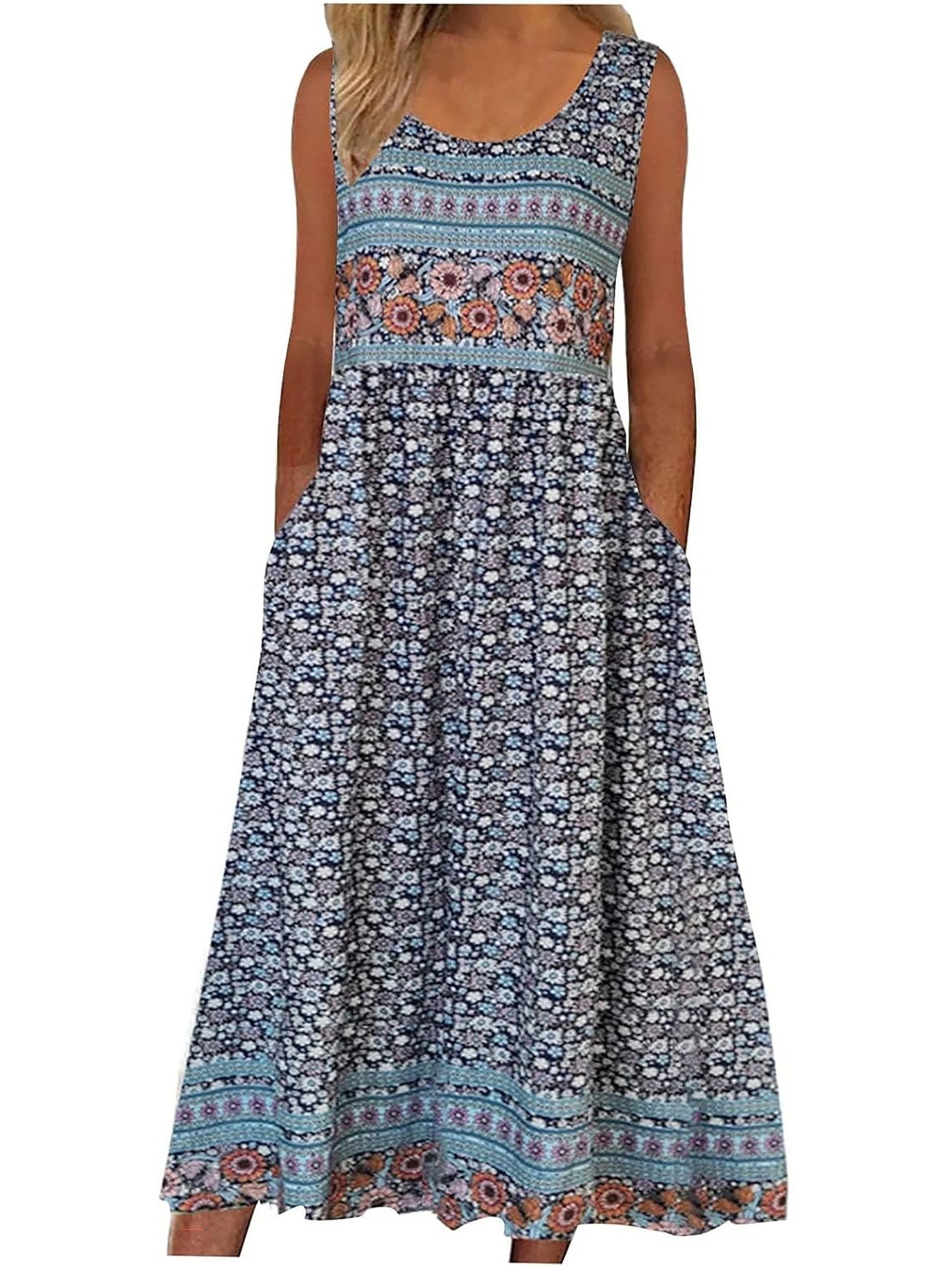Sleeveless Boho floral casual  Midi length sundress with pockets and flowing loose Skirt. 7 Different patterns Up to 2XL