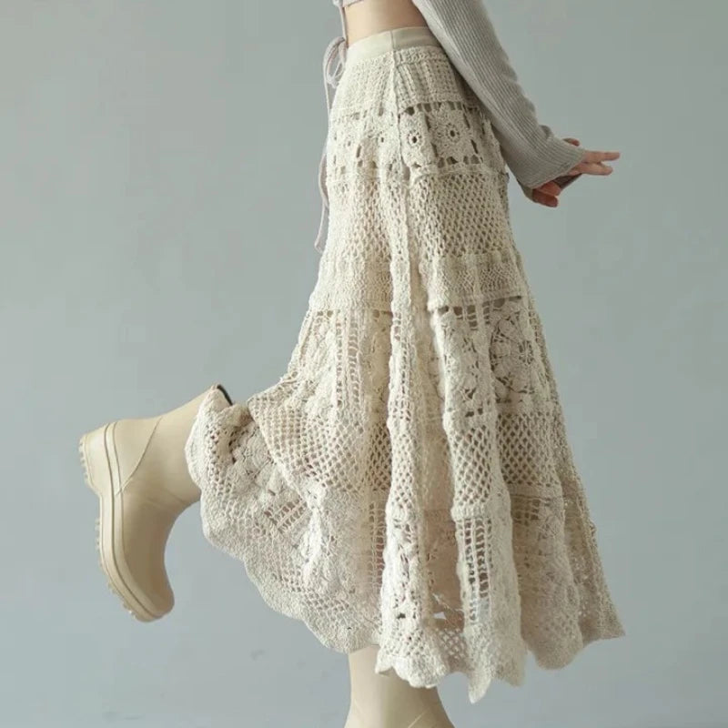 French Chic Retro Boho Crochet Maxi Skirts Women Openwork Hollowed Out Lace Elastic Waist