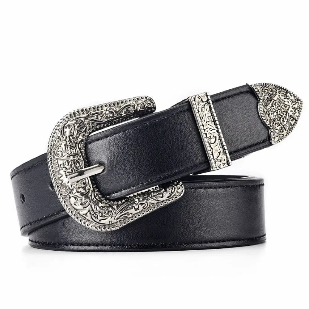 Vintage Carved Needle Buckle Belt PU Leather Belt