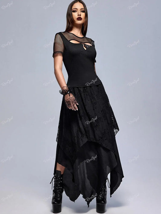 Sizes to 5XL Gothic Asymmetrical Skirt with Layered Lace Overlay, Handky Hem, Flowy Maxi Skirt Black, Deep Red, and White