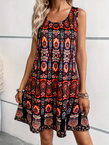 Vintage Boho All-Over Print Casual Sleeveless Dress, Off-Shoulder