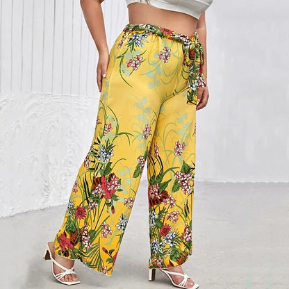 Sizes to 8XL!!!!       Boho Floral Print Summer Elegant Wide Leg Pants Elastic Waist with Sashes Casual Yellow