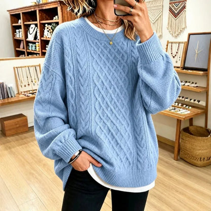Sizes to 3XL Retro Cable Knit Sweater, Round Neck, Loose Pullover, Casual Long Sleeve Top. Comes in 9 Colors