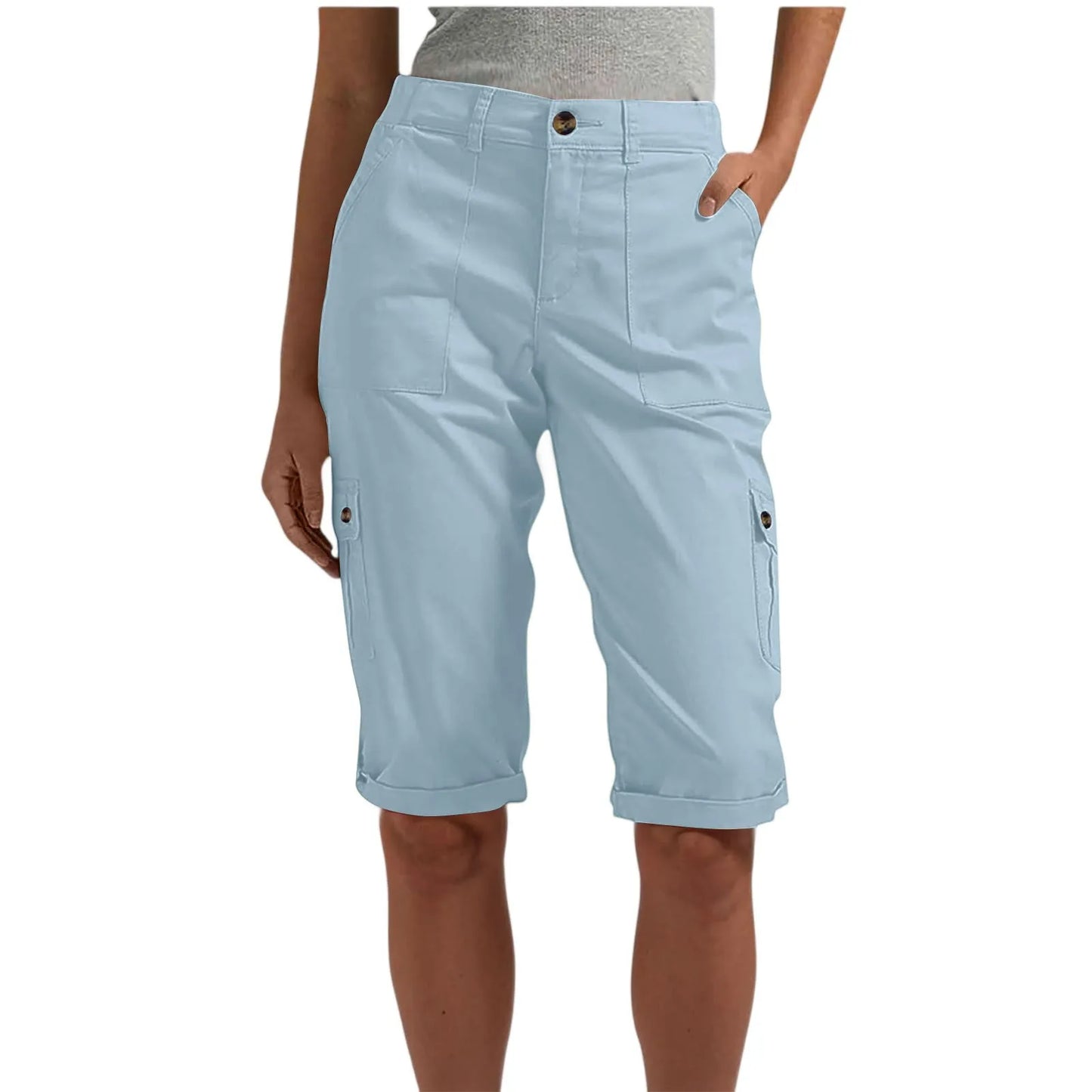 Women's long capri cargo shorts,  Button and Zipper Closure, 6 Colors in Sizes to 2XL