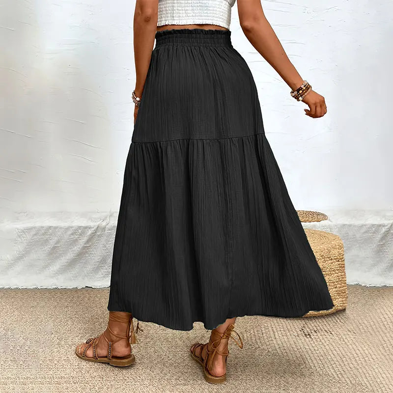 Bohemian Midi Skirt, High Waisted, Solid Colors, Casual with Side Slit, 3 Colors