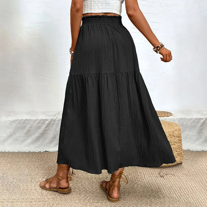 Bohemian Midi Skirt, High Waisted, Solid Colors, Casual with Side Slit, 3 Colors