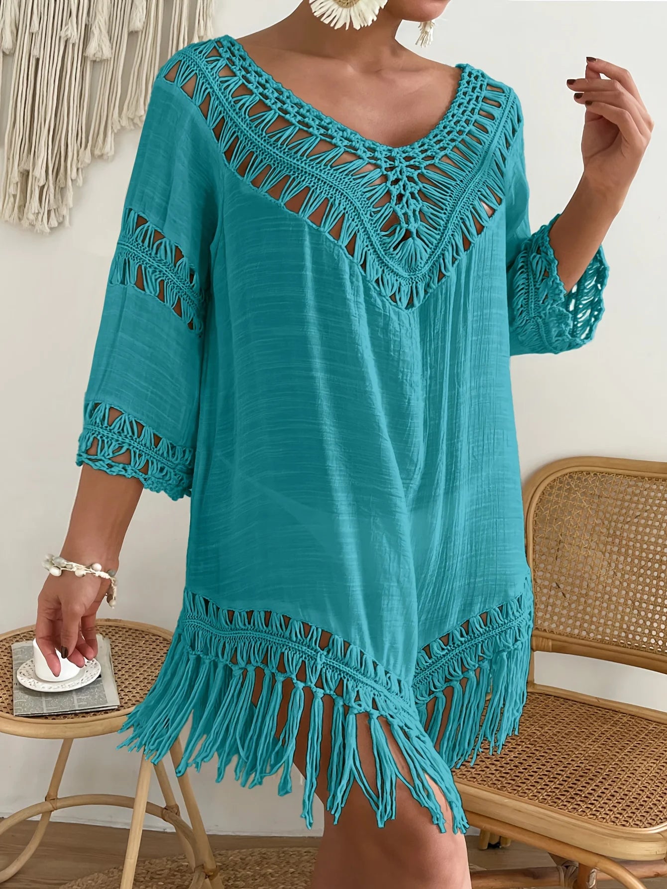 Sizes to 4XL Boho Bamboo cotton long-sleeved crochet dress with tassel decoration,