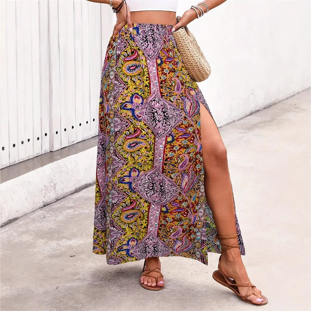 Bohemian Retro Floral Print Skirts Indie Folk High Waist A-Line Pleated Long Skirts with Slit