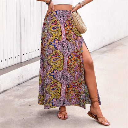Bohemian Retro Floral Print Skirts Indie Folk High Waist A-Line Pleated Long Skirts with Slit