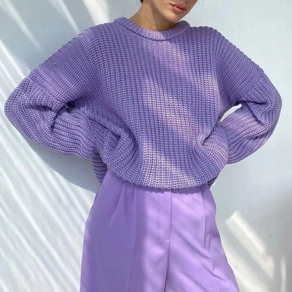 Chunky Knit Oversized Crew-Neck Pullover Sweater, 16 Colors