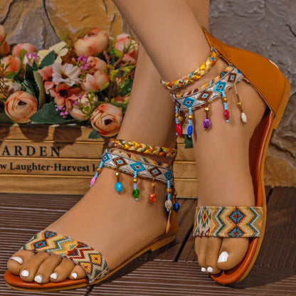 Bohemian, Romanesque Flat Sandals, Hand Beaded, Back Zipper,
