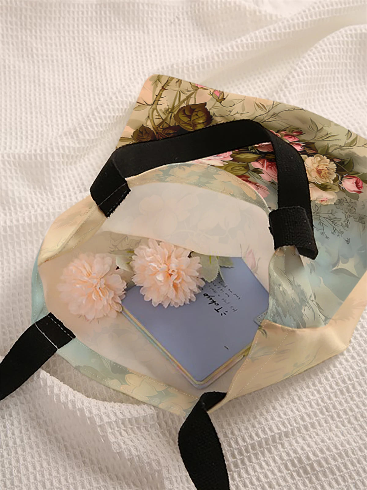 Rose pattern printed casual canvas handbag, reusable, multifunctional handbag, canvas shopping bag