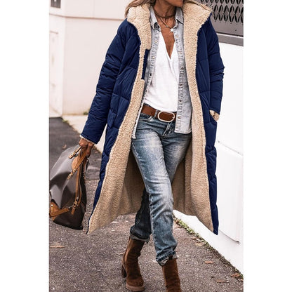 Reversible Sherpa Fleece, Long, Hooded Puffer Coats. Check colors: Brown, Green, Black, Burgundy, Light Gray