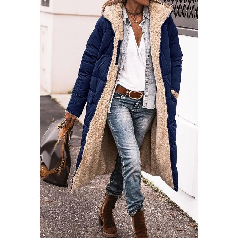 Reversible Sherpa Fleece, Long, Hooded Puffer Coats. Check colors: Brown, Green, Black, Burgundy, Light Gray