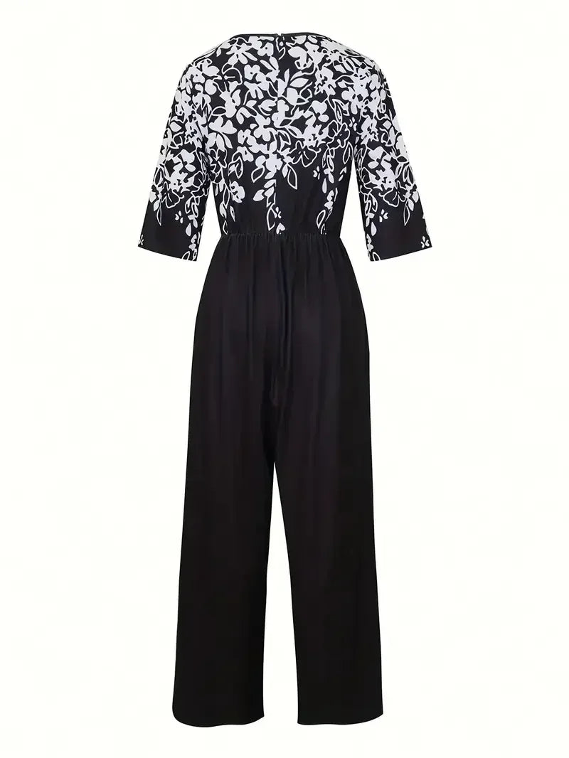Plus Size 1XL-5XL  Short Sleeve Printed Jumpsuit, V-Neck, Pockets, Floral Print on Top