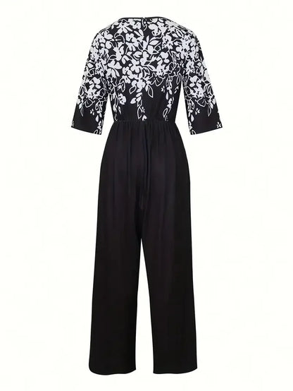 Plus Size 1XL-5XL  Short Sleeve Printed Jumpsuit, V-Neck, Pockets, Floral Print on Top