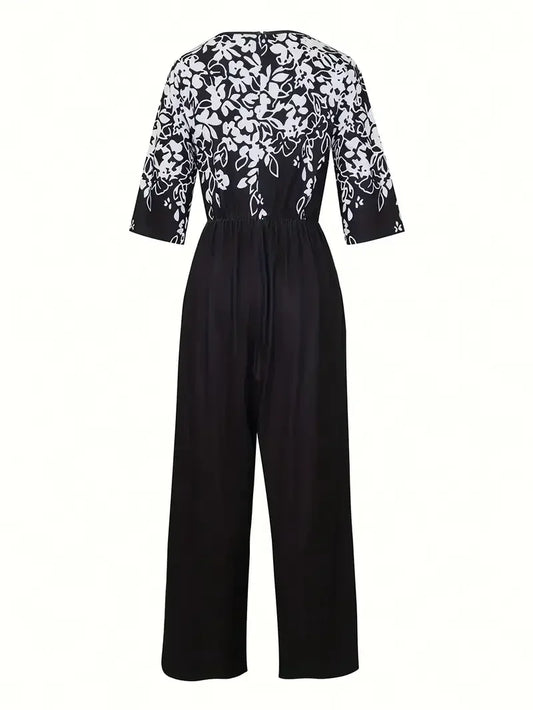 Plus Size 1XL-5XL  Short Sleeve Printed Jumpsuit, V-Neck, Pockets, Floral Print on Top
